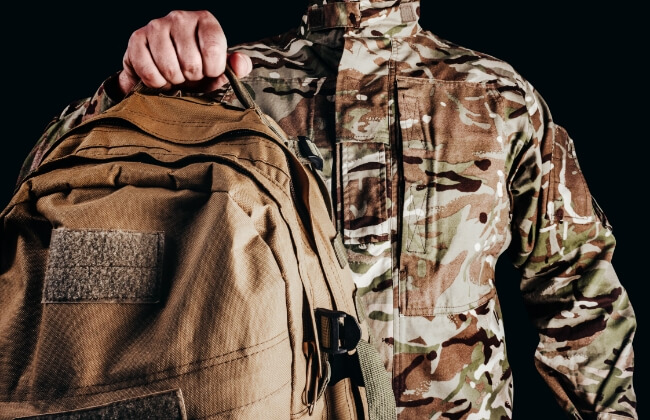 Military uniforms and bags